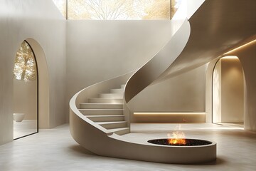 A spiral staircase in the center of an open space, modern interior design with a concrete floor and wall panels