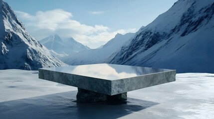 Floating Platform in a Snowy Mountain Landscape