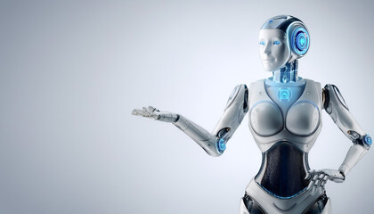 A cute humanoid robot with a slim and small body in white and silver standing on a minimalist white background