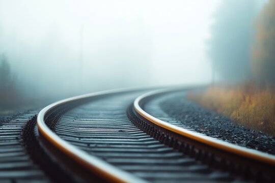 A train track is winding its way through a fogladen forest