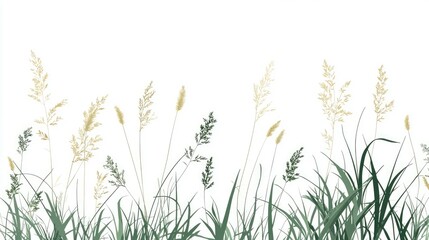 A seamless pattern of green grass and wheat stalks on a white background.