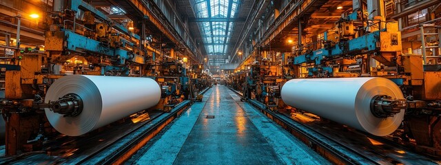 A modern paper production line with large rolls of white paper being printed on the machines