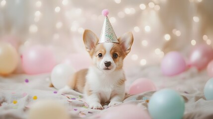 Adorable puppy dog wearing a tiny party hat surrounded by pastel colored New Year s confetti and balloons on a soft blurred background  The cute canine is in a festive and playful mood