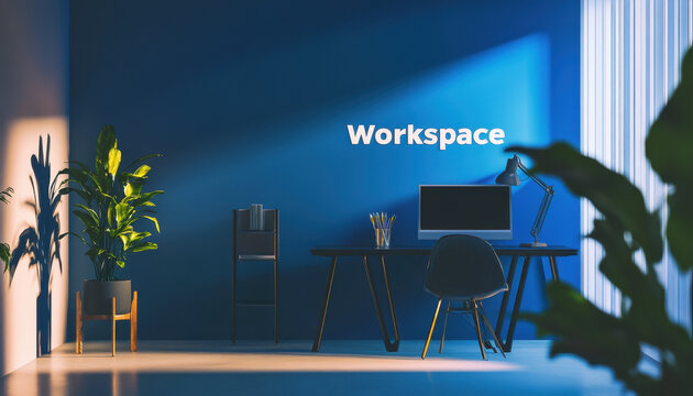 Modern minimalist workspace with blue walls, sleek furniture, and indoor plants, bathed in warm natural light creating a calm and inspiring environment.