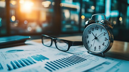 A silver alarm clock on a desk with eyeglasses and a phone, with a graph paper in the background.