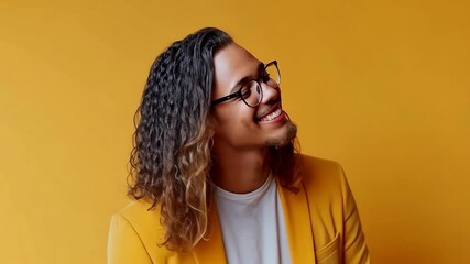 A man with long curly hair and glasses smiles brightly against a yellow wall - Powered by Adobe