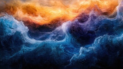 Obraz premium Abstract painting of swirling blue and orange paint resembling stormy seas.