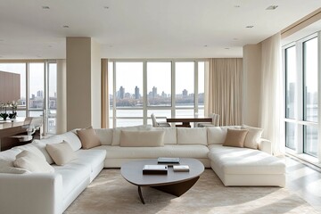 Fototapeta premium Modern apartment interior in light colors with soft furniture shapes .generative ai