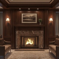 Fototapeta premium Classic American living room with a vintage fireplace, mid-century decor,
