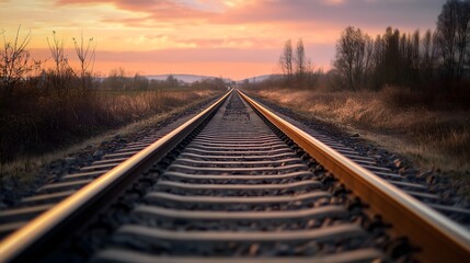 Fototapeta premium Empty railroad tracks leading into sunset with orange sky and silhouetted trees creating vanishing point perspective, copy space