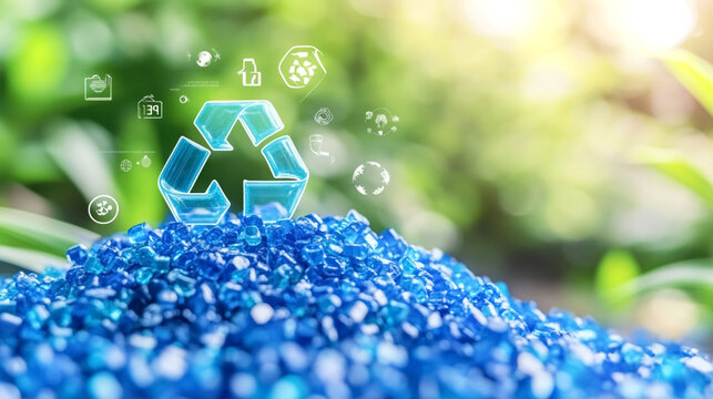 Recycling symbol above a pile of blue plastic pellets, representing sustainability, waste reduction, and eco-friendly practices in plastic recycling