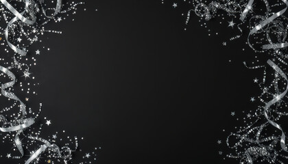 festive silver glittering background with ribbons and stars, perfect for celebrations and events. Ideal for invitations or party decorations