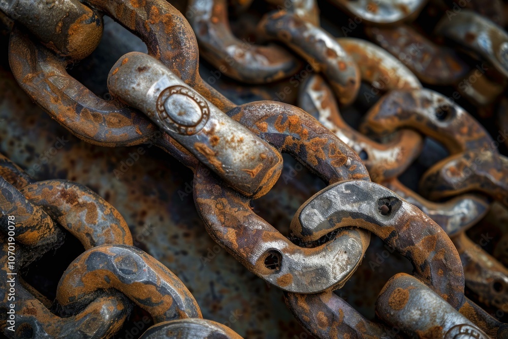 Poster close up of an old rusty chain showing aging and corrosion over time