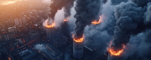 Overhead shot of cooling towers and industrial landscape showcasing energy production and environmental impact.