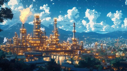 Illuminated Oil Refinery Towers under Starry Sky