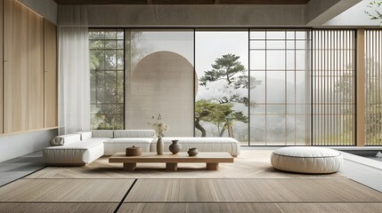 Fototapeta premium Serene and Elegant Japanese Inspired Living Space with Minimalist Design