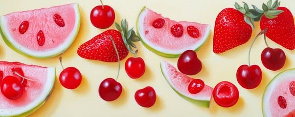 Fototapeta premium Bright mix of watermelons, strawberries, and cherries with a soft pastel yellow background, creating a playful summer vibe.