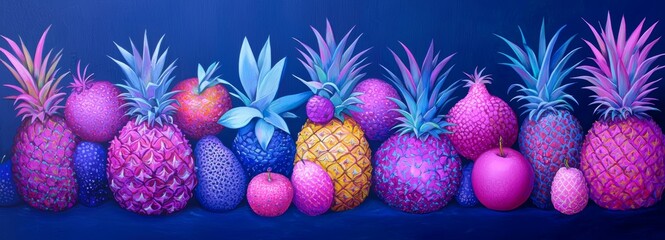 Bright pineapples with neon accents on a dark blue background, for a modern and bold fruit pattern.