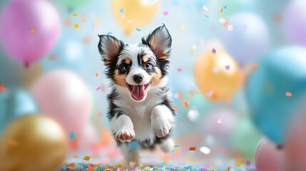 Adorable puppy dog playing and frolicking with pastel colored New Year s balloons and floating confetti in a festive cheerful scene