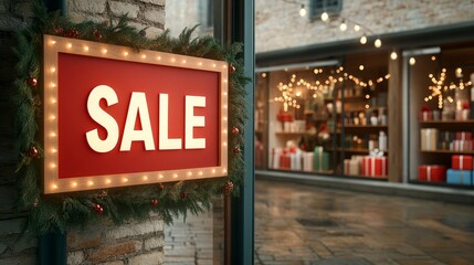 Window display of a shop with Christmas decorations, glowing "Sale" text on glass, warm lights inside showcasing gifts, Photorealistic