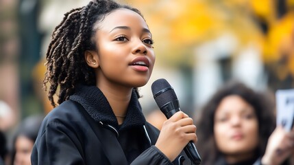 Young Black female activist speaking passionately into microphone at outdoor event with autumn trees and crowd in background