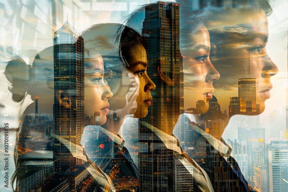 Poster side view portrait illustrating future architecture technology generative ai
