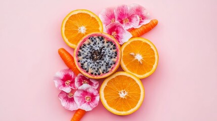 Citrus, papaya, and carrots displayed in a minimalistic flat lay with a cohesive warm orange palette.