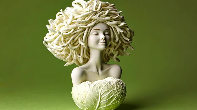 A sculpted bust with a cabbage head and hair made of white noodles is displayed against a green background