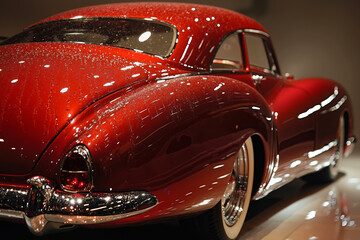 A red car is on display in a museum