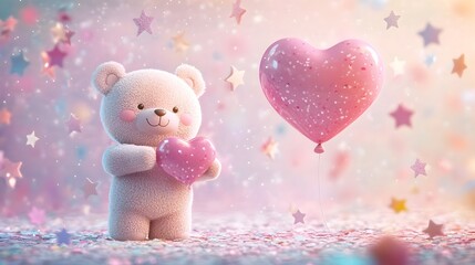 Fototapeta premium Adorable 3D cartoon teddy bear holding a pastel heart shaped balloon surrounded by sparkling stars and confetti in a whimsical dreamy pastel background Romantic playful