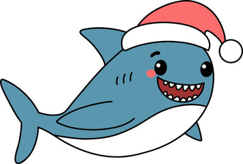 Naklejka premium Cute Cartoon Shark in Santa Hat Christmas Marine Animal Illustration