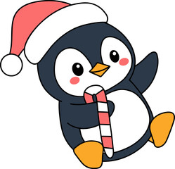 Cute Penguin in Santa Hat Holding Candy Cane Christmas Illustration
