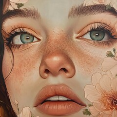 Close up portrait of a redheaded woman with freckled skin and piercing green eyes her face adorned with delicate floral elements in a dreamy serene digital