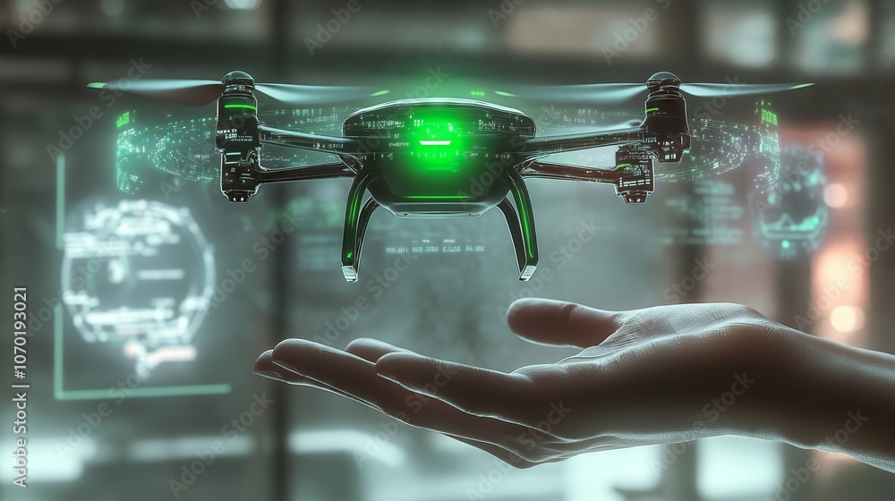 Poster modern drone hovering over engineer's hand in futuristic setting