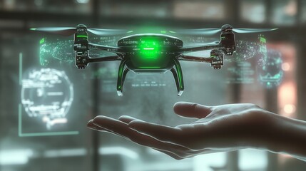 Modern drone hovering over engineer's hand in futuristic setting