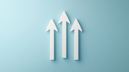 Three simple white arrows aligned vertically, moving up on a blue backdrop, no text, Photorealistic