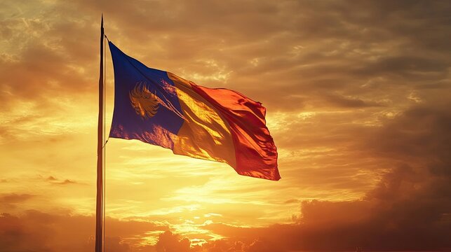 The Moldovan flag flies proudly against a backdrop of a vibrant sunset, showcasing the national colors of blue, yellow, and red.