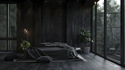 Serene Minimalist Wooden Bedroom with Expansive Windows Overlooking Nature