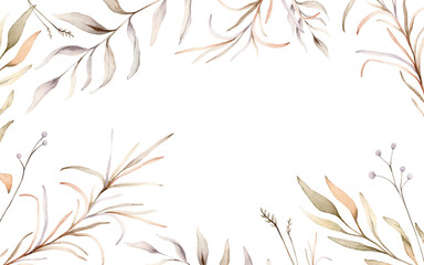 Rectangle Frame with pastel color autumn fantasy botanical. Watercolor hand painting illustration on isolated background. Banner of flowers with herbs and dried branches.