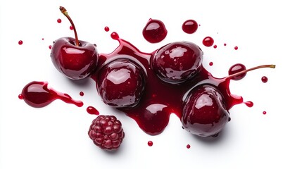 Isolated on white, cherry jam drizzle with red berry jam splashes, creating a tantalizing visual from above.