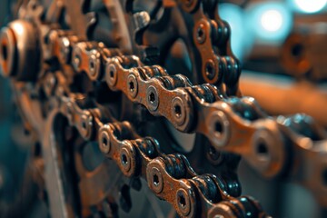 Close up of a rusty bicycle chain covered in dust showing its age and need for maintenance