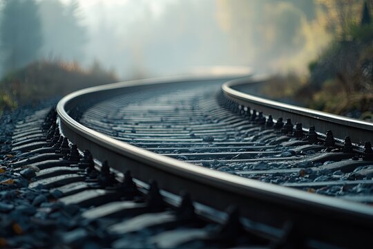 A train track is winding its way through a fogladen forest