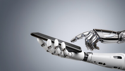 AI robot arm holding a smartphone with white screen, with a clean white design that mimics a human hand