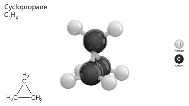 Cyclopropane. Anesthetic gas. Animated 3D model of a molecule. Molecular formula: C3H6. Chemical model: Ball and stick. White background. 3D rendering. Seamless loop.