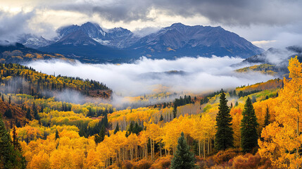 Golden hued autumn mountains with low hanging clouds create serene landscape. vibrant yellow foliage contrasts beautifully with majestic peaks