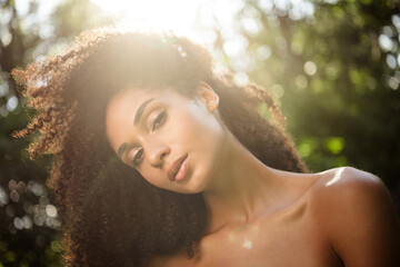 Photo of adorable sensual gentle lady photosession sunny spring day nice weather sunlight outdoors