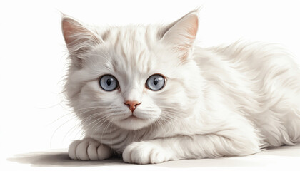 Cute White Cat Drawing on White Background.