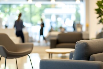 Modern office lounge area with blurred people in background
