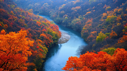 winding river flows through vibrant autumn foliage, showcasing stunning array of red, orange, and yellow leaves. serene landscape evokes sense of tranquility and beauty
