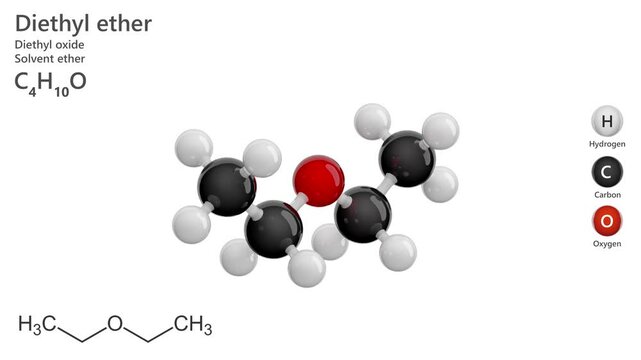 Dimethyl ether or Diethyl Oxide. Solvent. Animated 3D model of a molecule. Molecular formula: C4H10O. Chemical model: Ball and stick. White background. 3D rendering. Seamless loop.